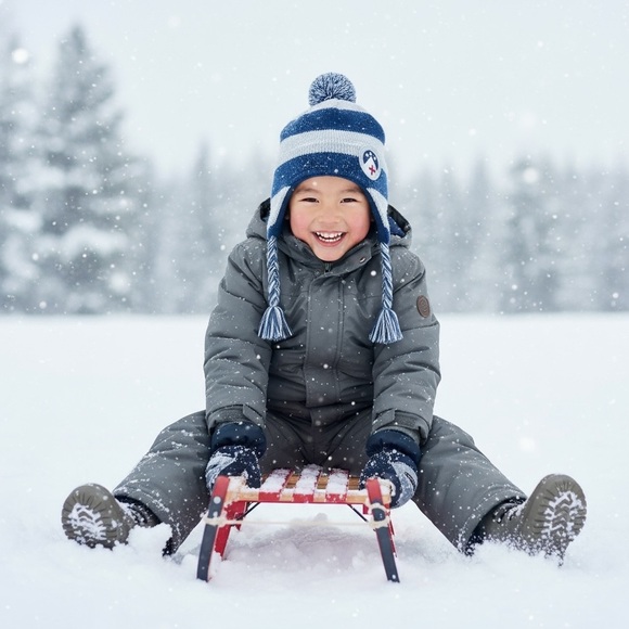 Old Navy Kids Fleece Lined Earflap Hat Navy Gray Stripes Pom Pom Winter Size 5T - Picture 3 of 5